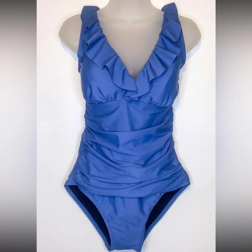 DKNY Women's Swimwear Blue US Size 4 Underwire One-Piece Ruffle Solid $98 - Picture 2 of 4